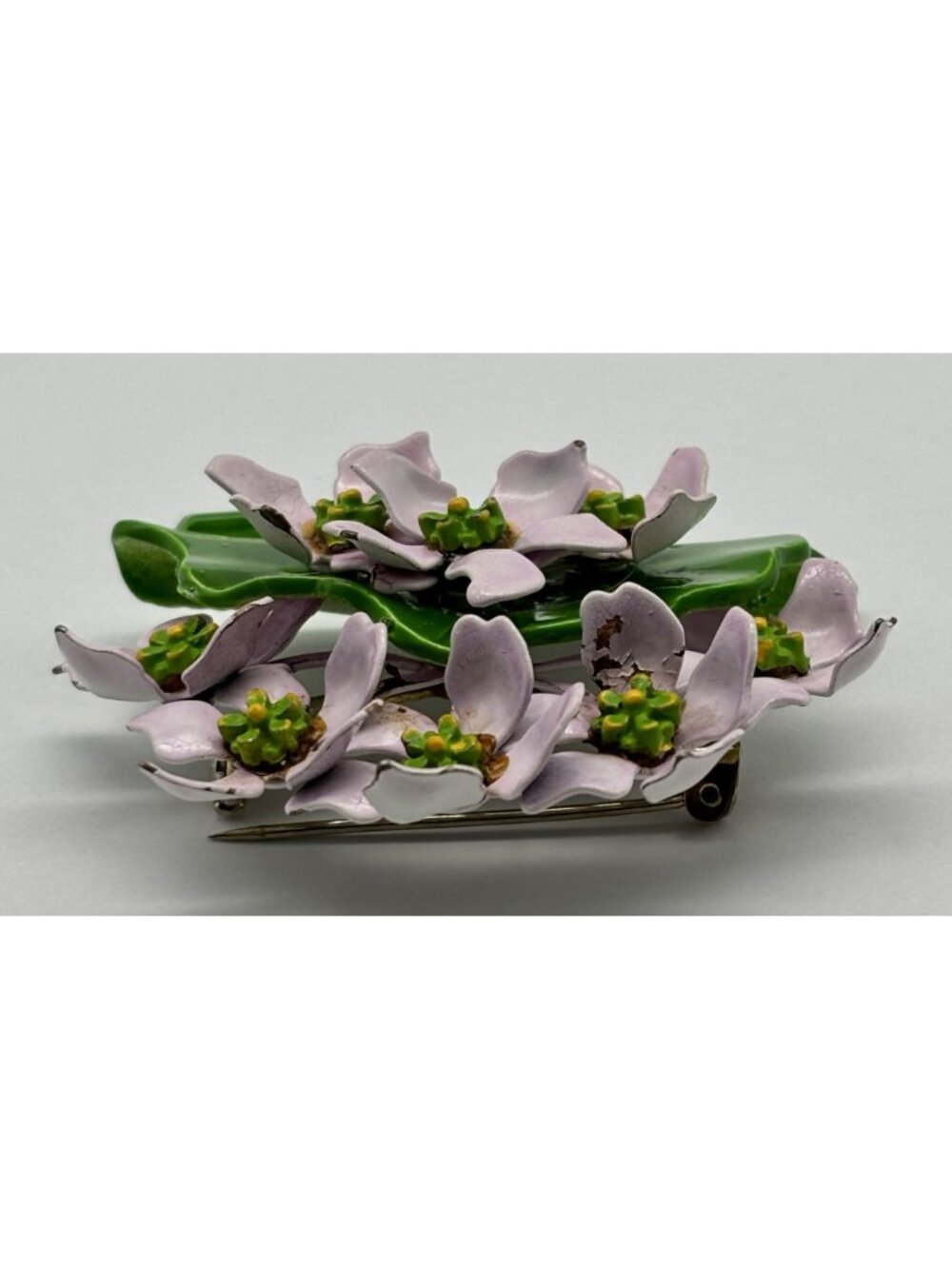 Vintage Enamel Flower Brooch And Clip-On Earrings Dimensional Flowers Pink Green - Picture 10 of 16